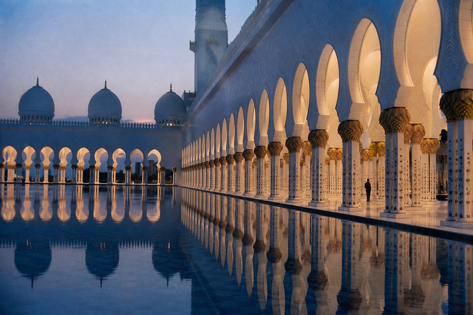 Sheikh Zayed Grand Mosque before dawn photographed on film